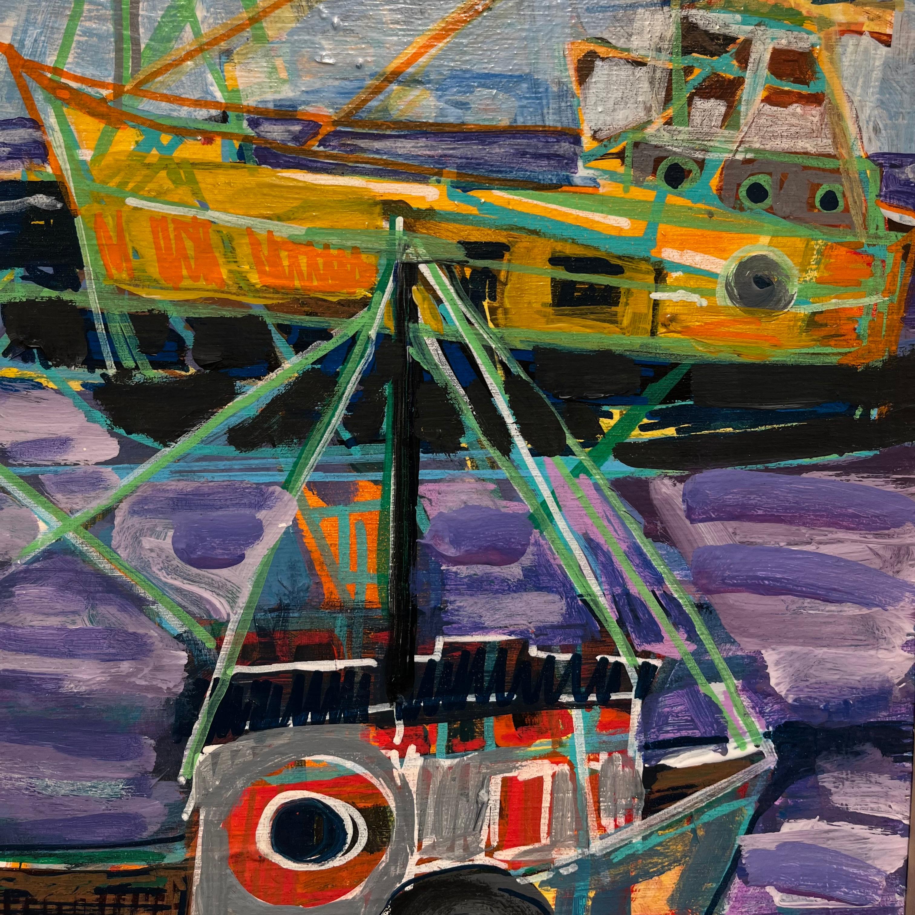 Peinture multimédia colorée « Menemsha Hills » représentant des bateaux de pêche - Gris Landscape Painting par Adair Peck
