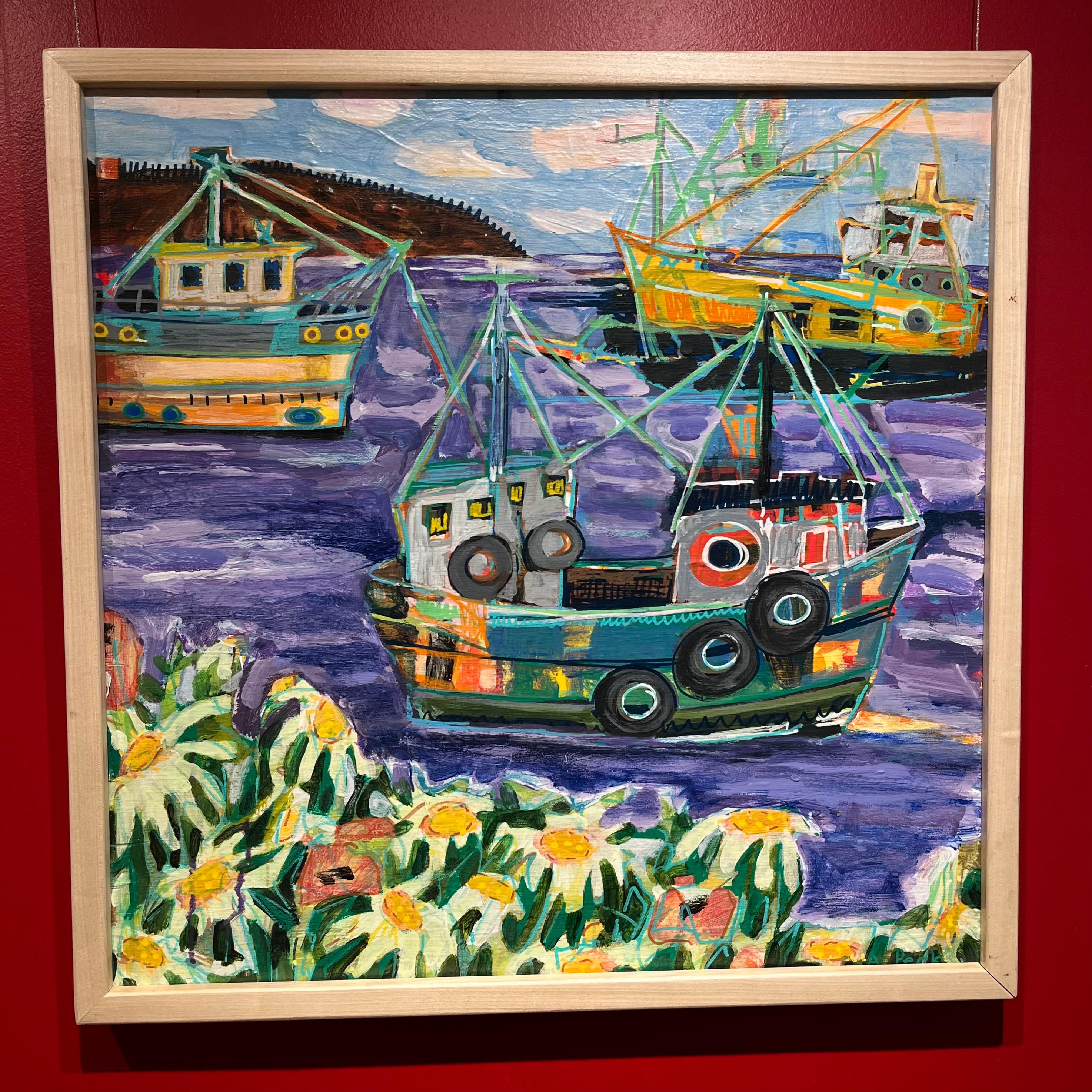 Peinture multimédia colorée « Menemsha Hills » représentant des bateaux de pêche - Painting de Adair Peck