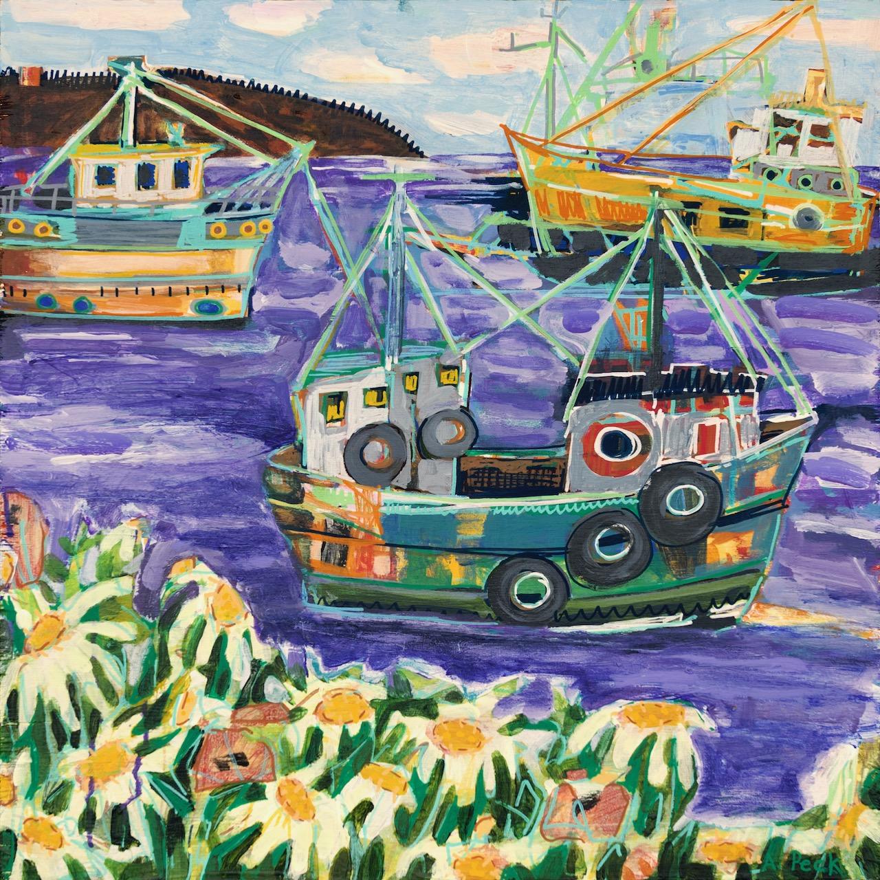 Adair Peck Landscape Painting - "Menemsha Hills" colorful mixed media painting of fishing boats