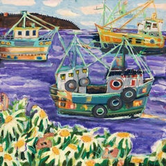 "Menemsha Hills" colorful mixed media painting of fishing boats