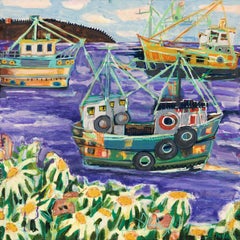 Vintage "Menemsha Hills" colorful mixed media painting of fishing boats