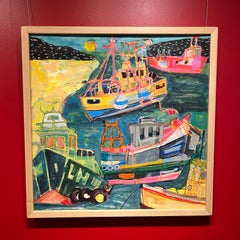 "Tashmoo Cove" colorful mixed media painting of fishing boats in Lake