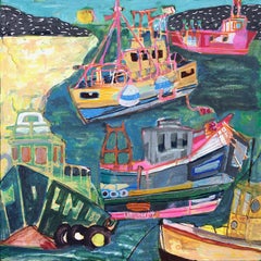"Tashmoo Cove" colorful mixed media painting of fishing boats in Lake