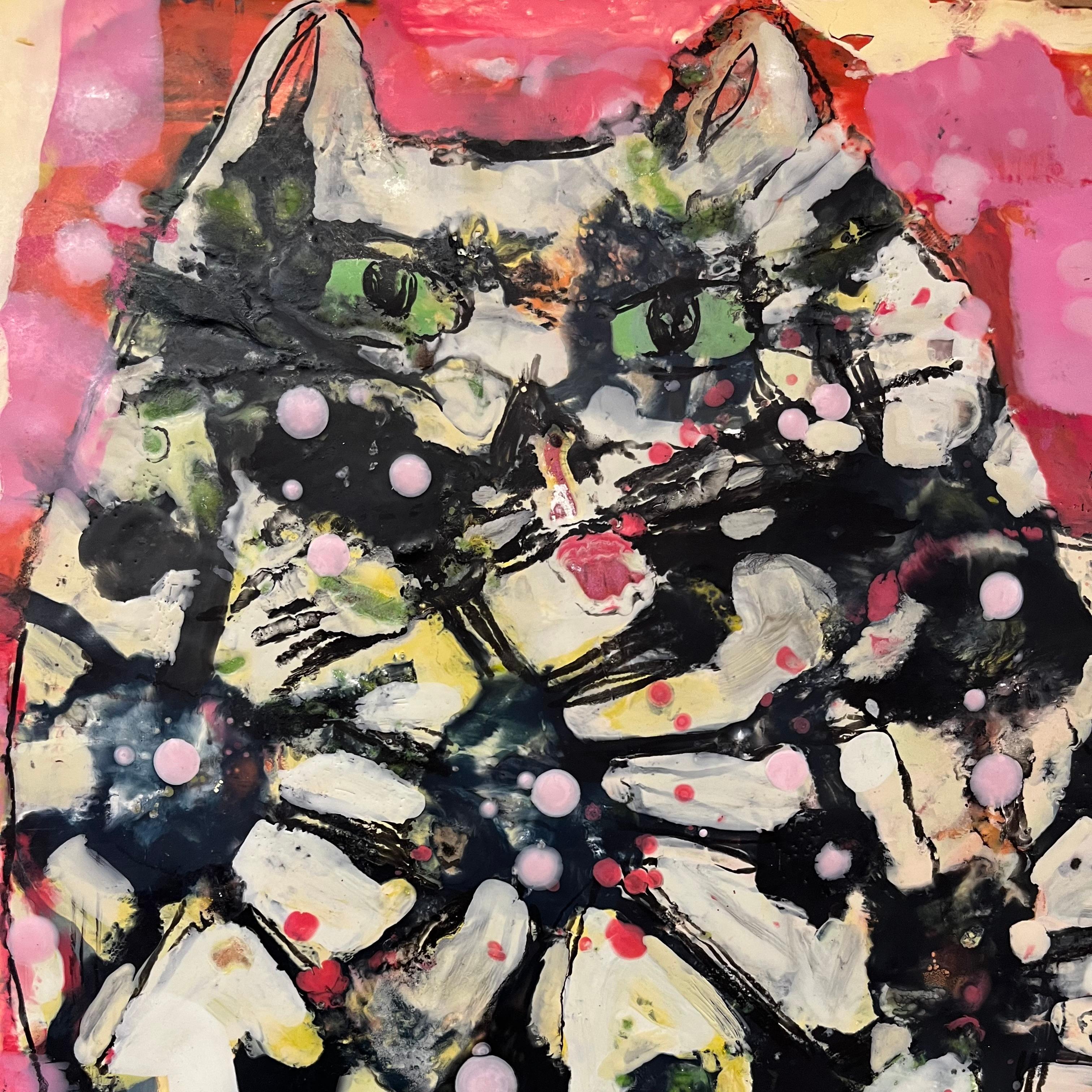 « The Neighbors Cat », peinture abstraite en techniques mixtes d'un chat blanc et dos nu - Marron Animal Painting par Adair Peck