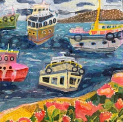 "Vineyard Haven" mixed media abstract painting of fishing boats in a harbor