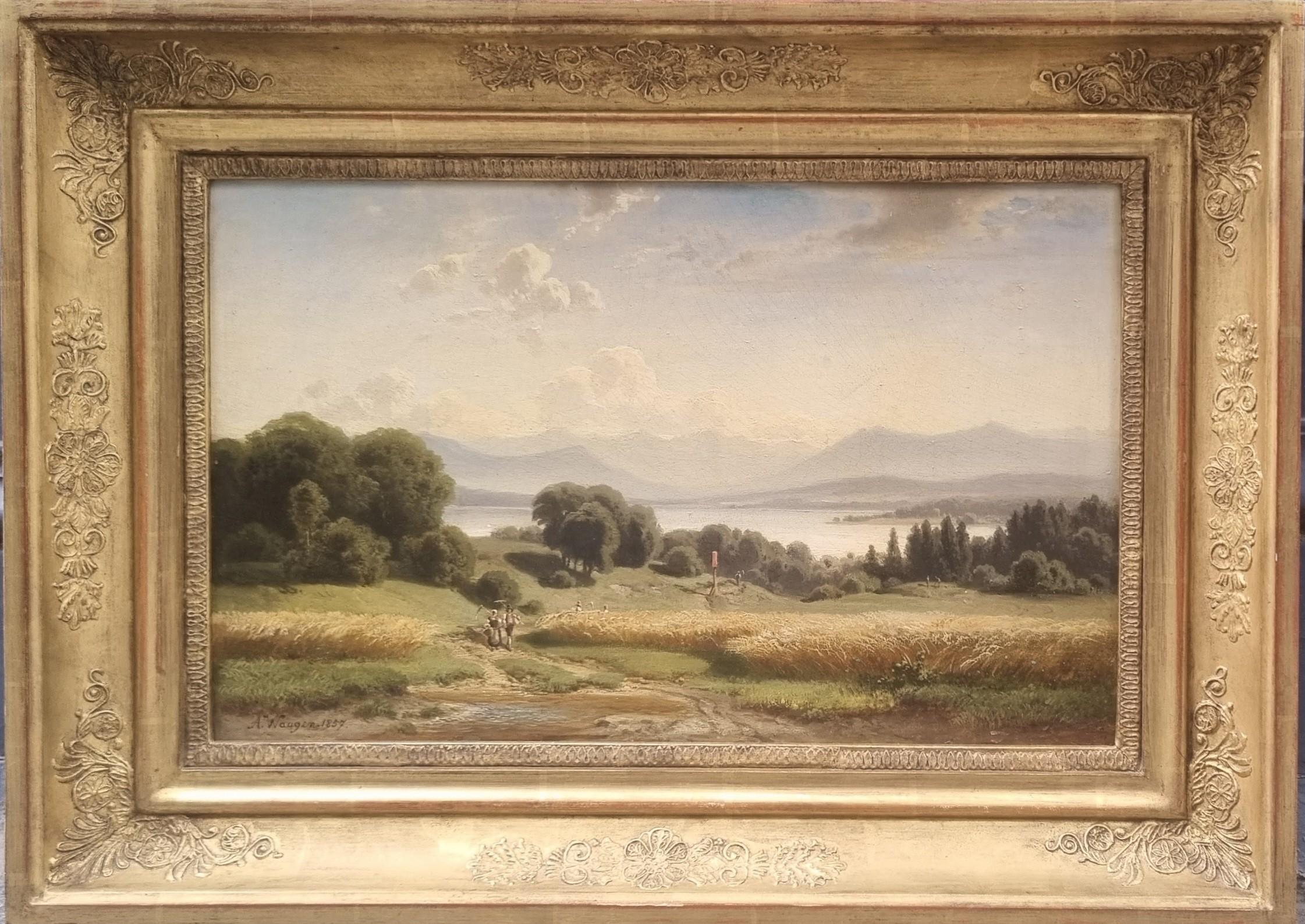 WAAGEN German Romantic Landscape Tegern Lake Montains Bavaria Mid 19th - Painting de Adalbert WAAGEN