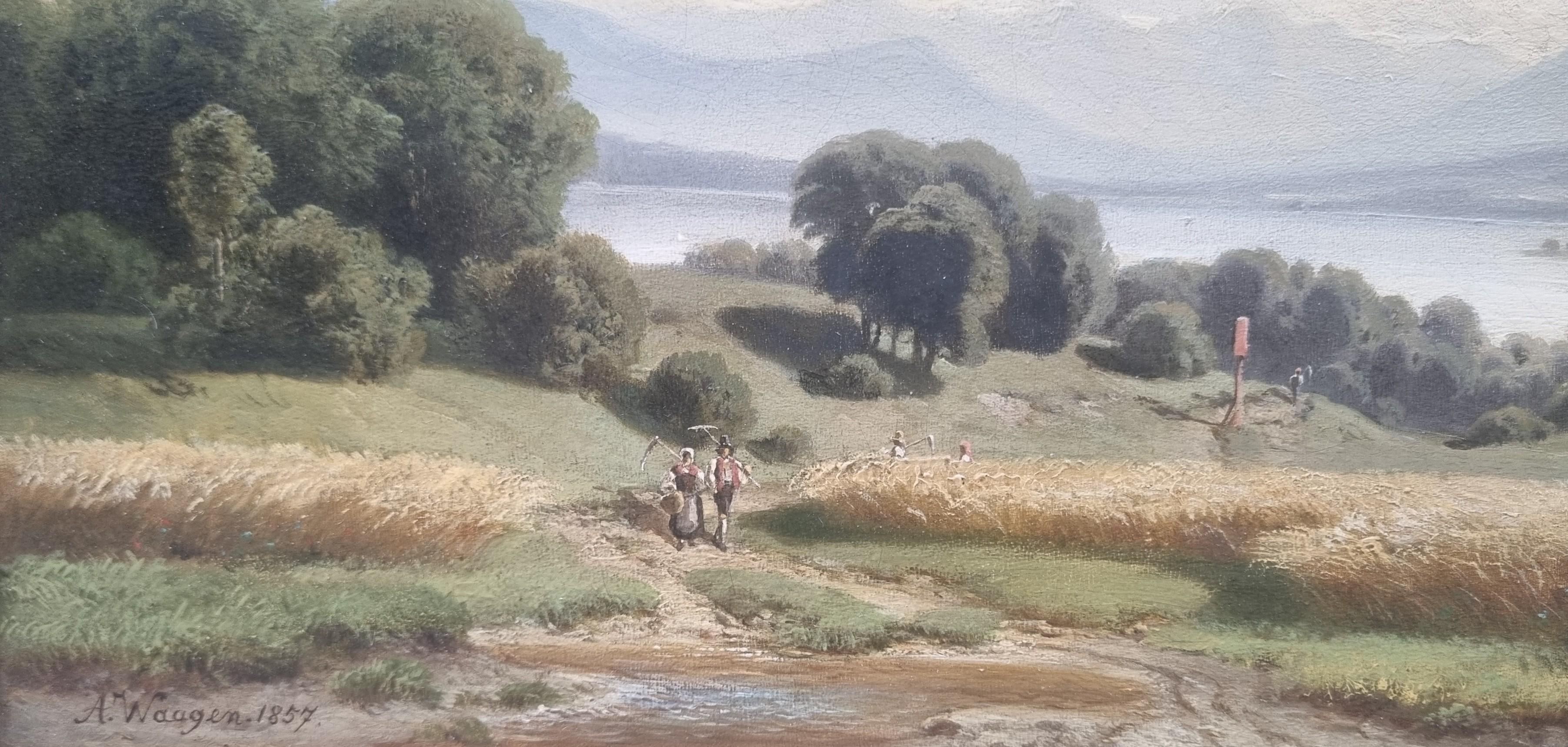 WAAGEN German Romantic Landscape Tegern Lake Montains Bavaria Mid 19th - Landscape Painting Gris de Adalbert WAAGEN