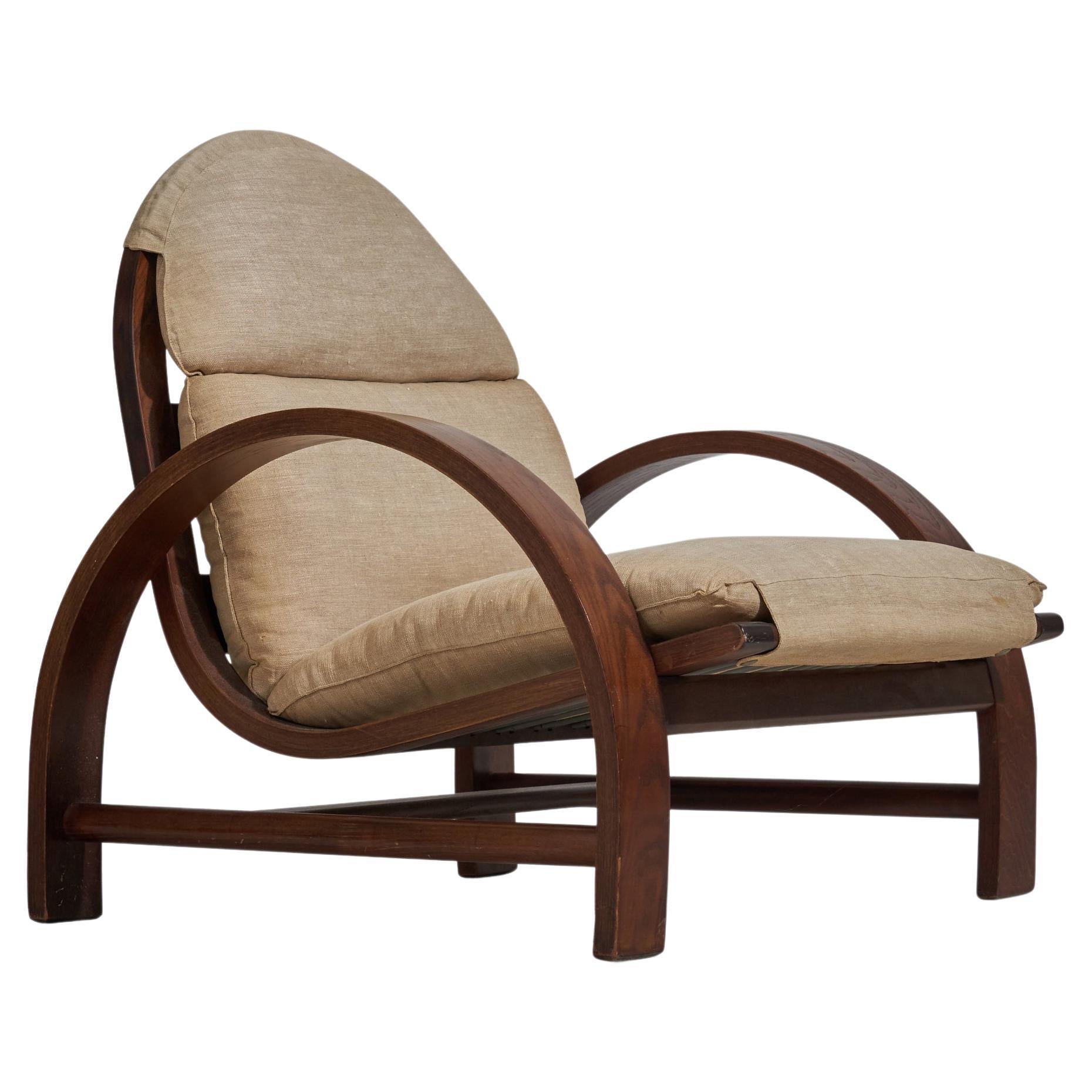 Adalberto Dal Lago, Lounge Chair, Ed. Germa, Ash Wood, Fabric, Italy, 1974 For Sale