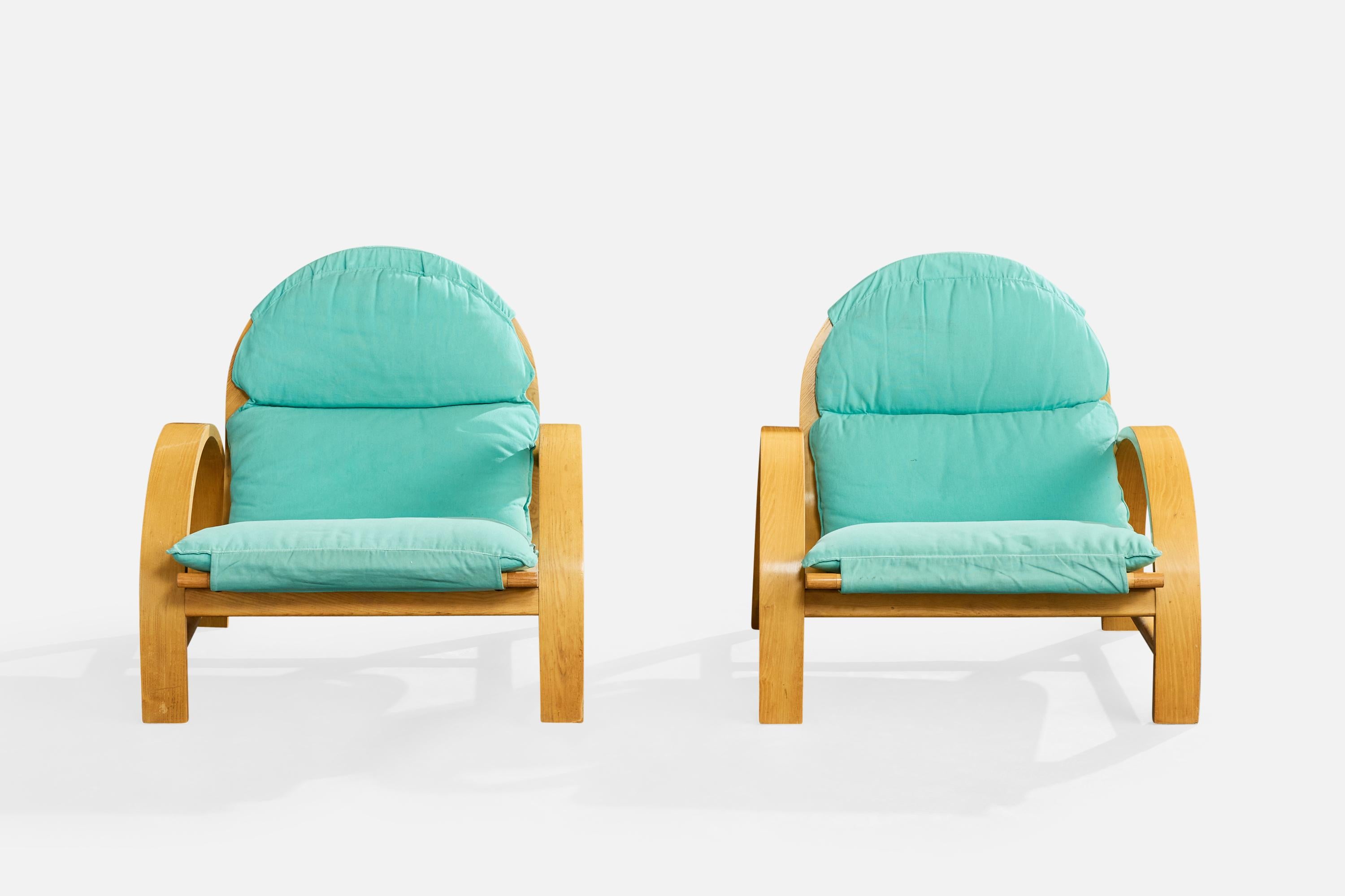 Adalberto Dal Lago, Lounge Stühle, Holz, Stoff, Italien, 1970er (Italienisch) im Angebot