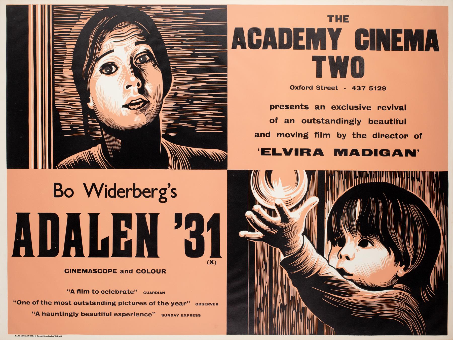 1970s Academy Cinema film poster for Bo Widerberg's Adalen '31 featuring a striking design by Peter Strausfeld.

Cologne born Strausfeld came to England in 1938. Whilst interned on the Isle of Man during the Second World War, he developed a close