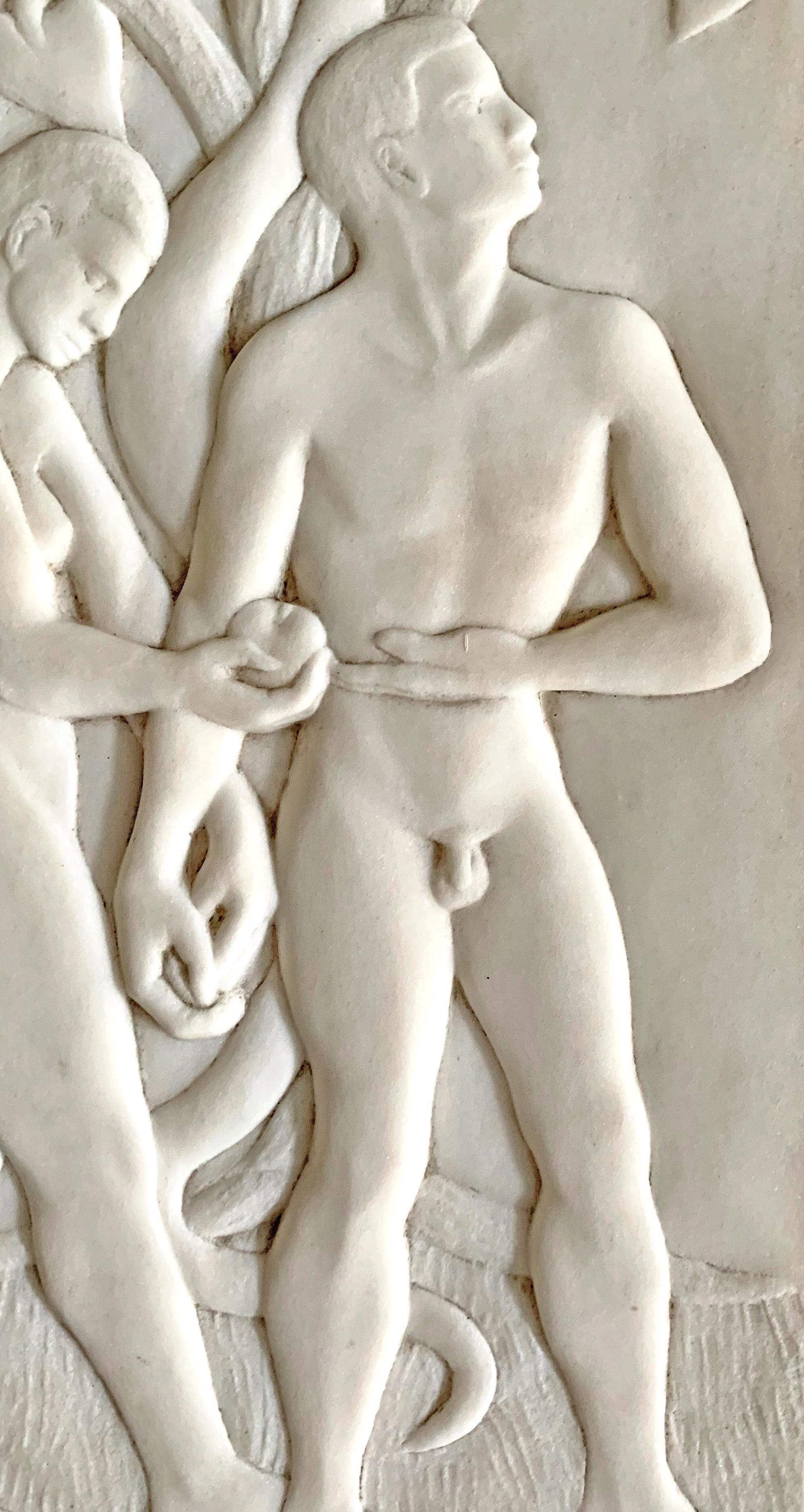 Beautifully and movingly sculpted, this remarkable bas relief marble panel depicting Adam and Eve was sculpted in 1950 by Warren Dewitt Cheney, a California artist. Even though the apple of knowledge is being passed from Eve to Adam, they are