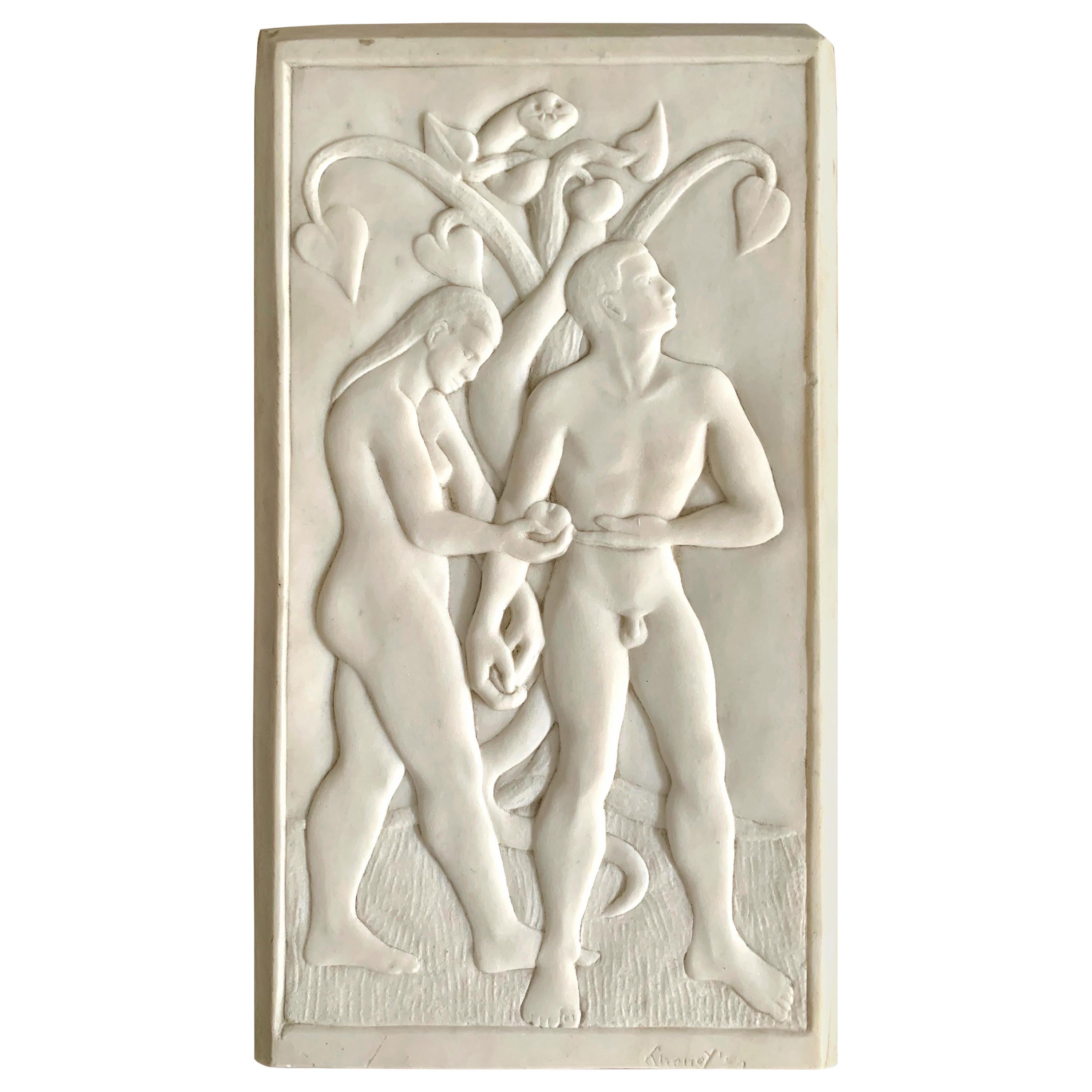 "Adam and Eve, " Bas Relief Marble Sculpture, Art Deco with Folk Art Influence