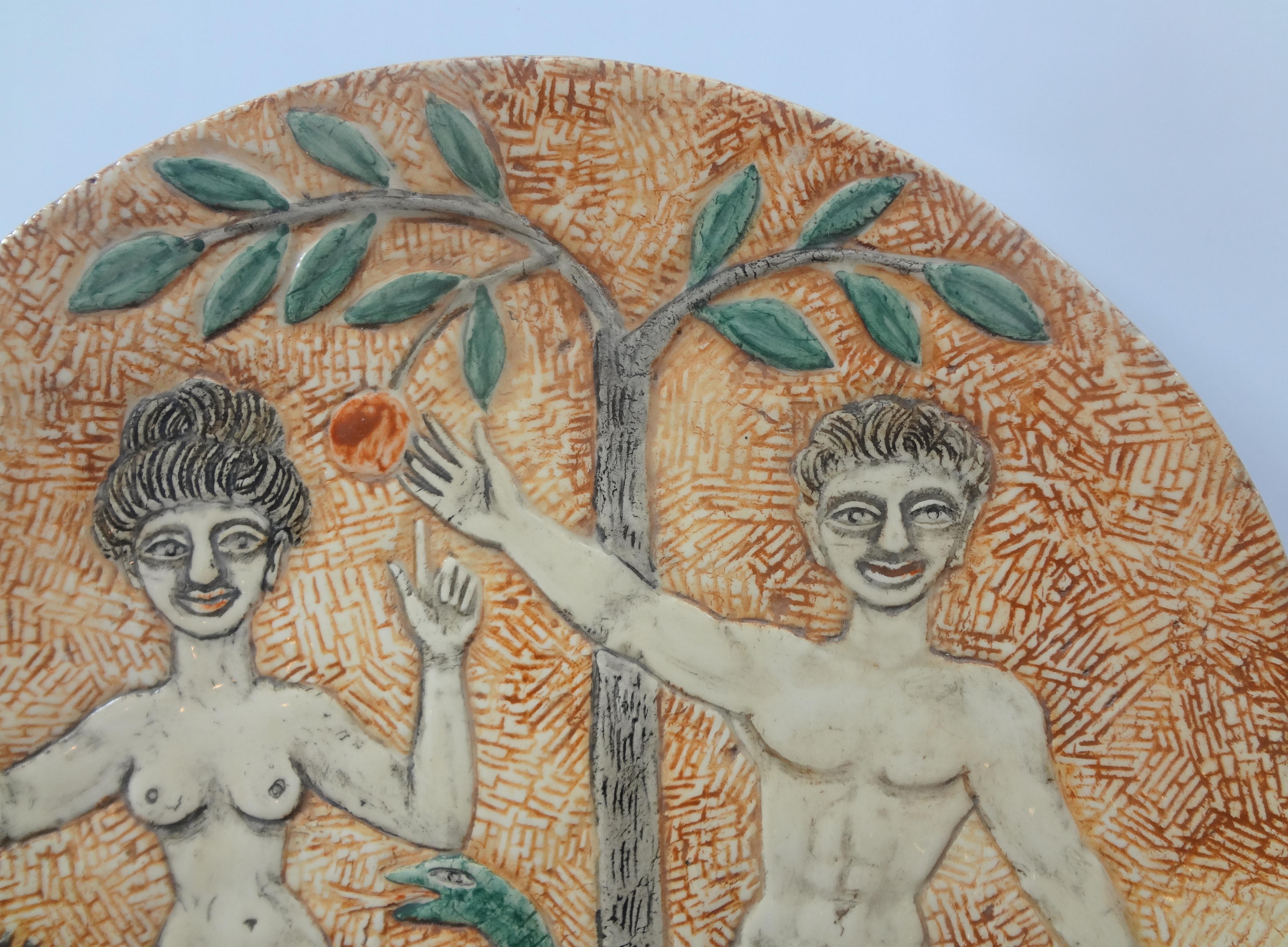 Mid-Century Modern Adam and Eve Ceramic Plate by André Deluol, circa 1950 For Sale