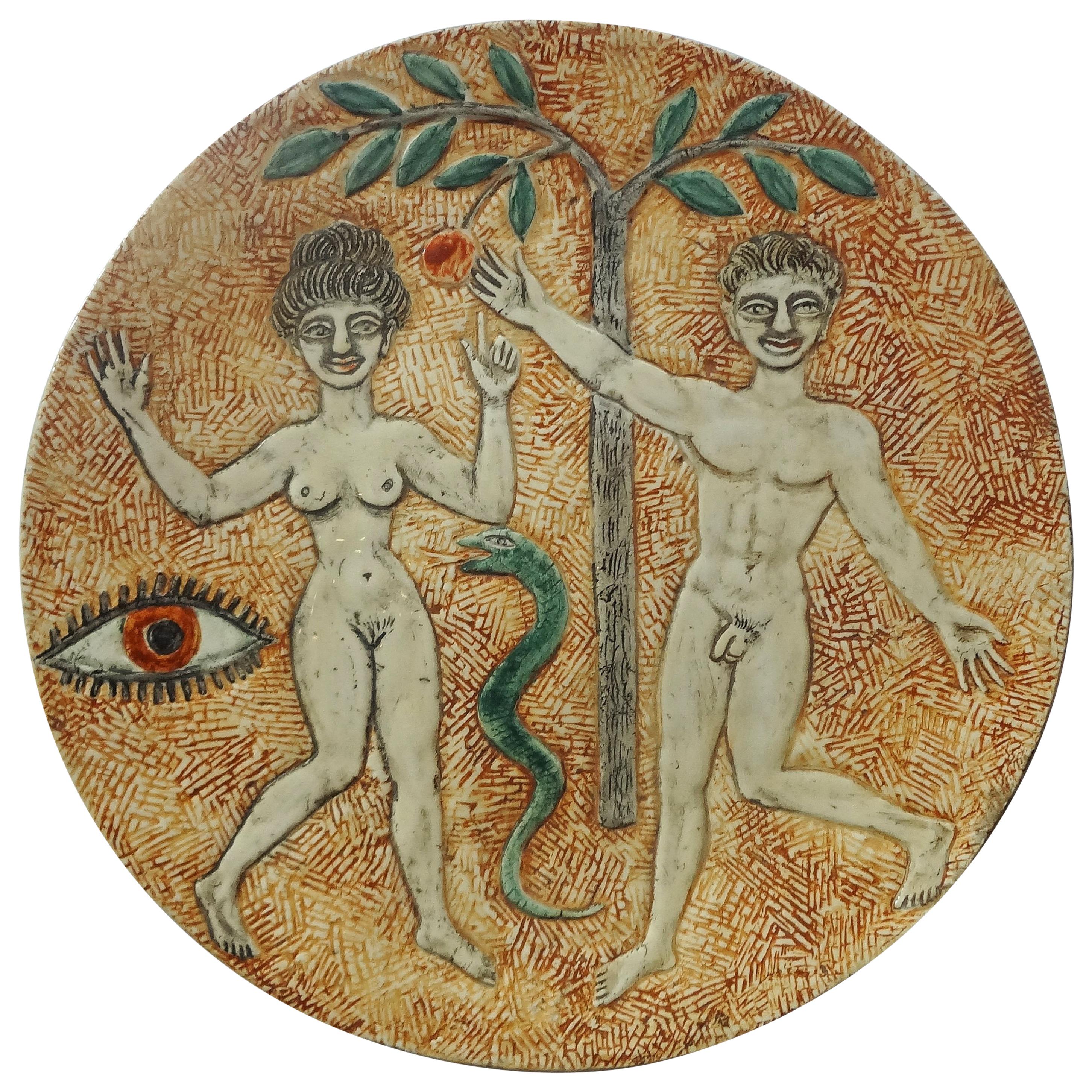 Adam and Eve Ceramic Plate by André Deluol, circa 1950 For Sale