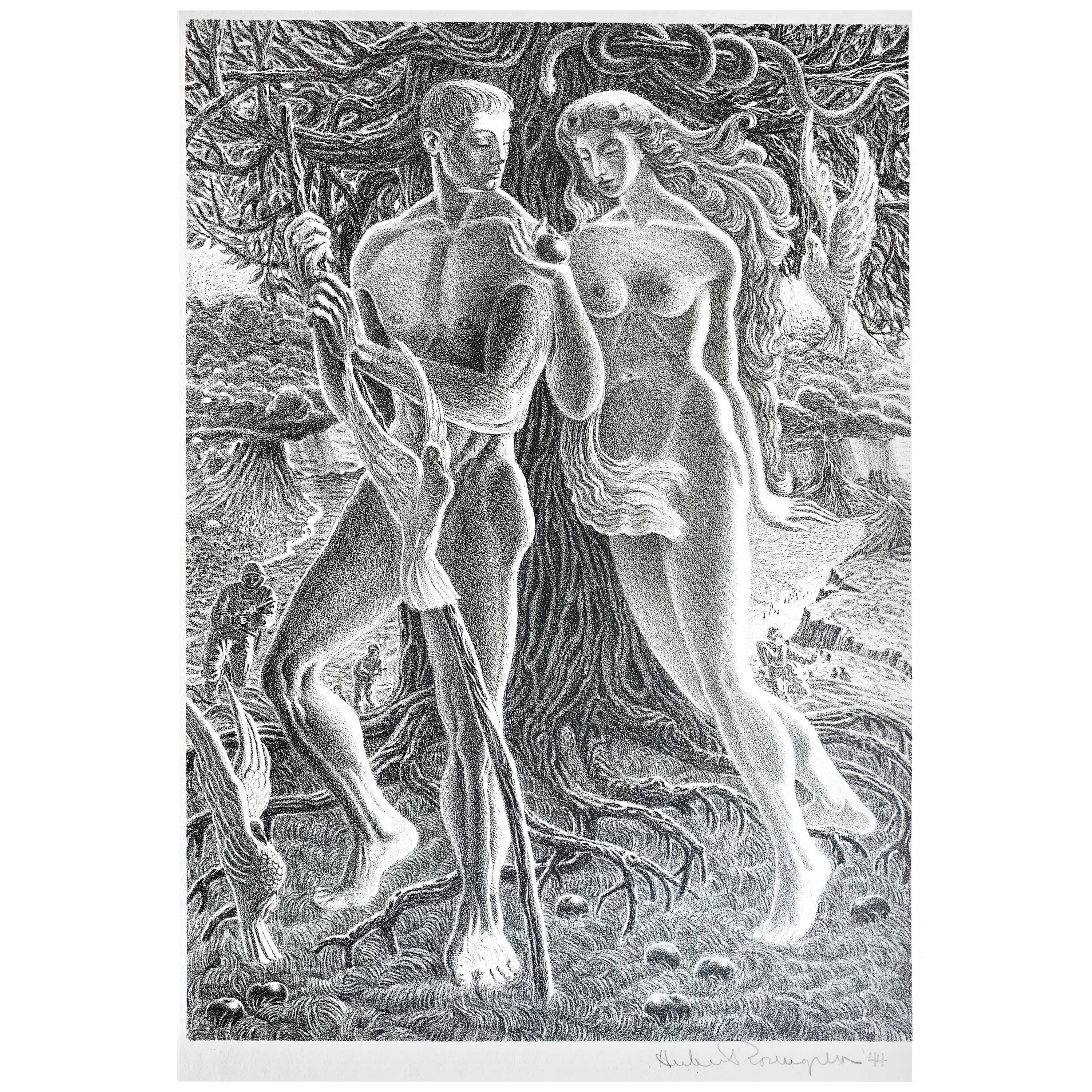 "Adam and Eve on Island of Peace, " Remarkable WPA-Era Print of Peace Amidst War For Sale
