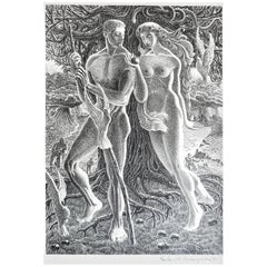 Vintage "Adam and Eve on Island of Peace, " Remarkable WPA-Era Print of Peace Amidst War