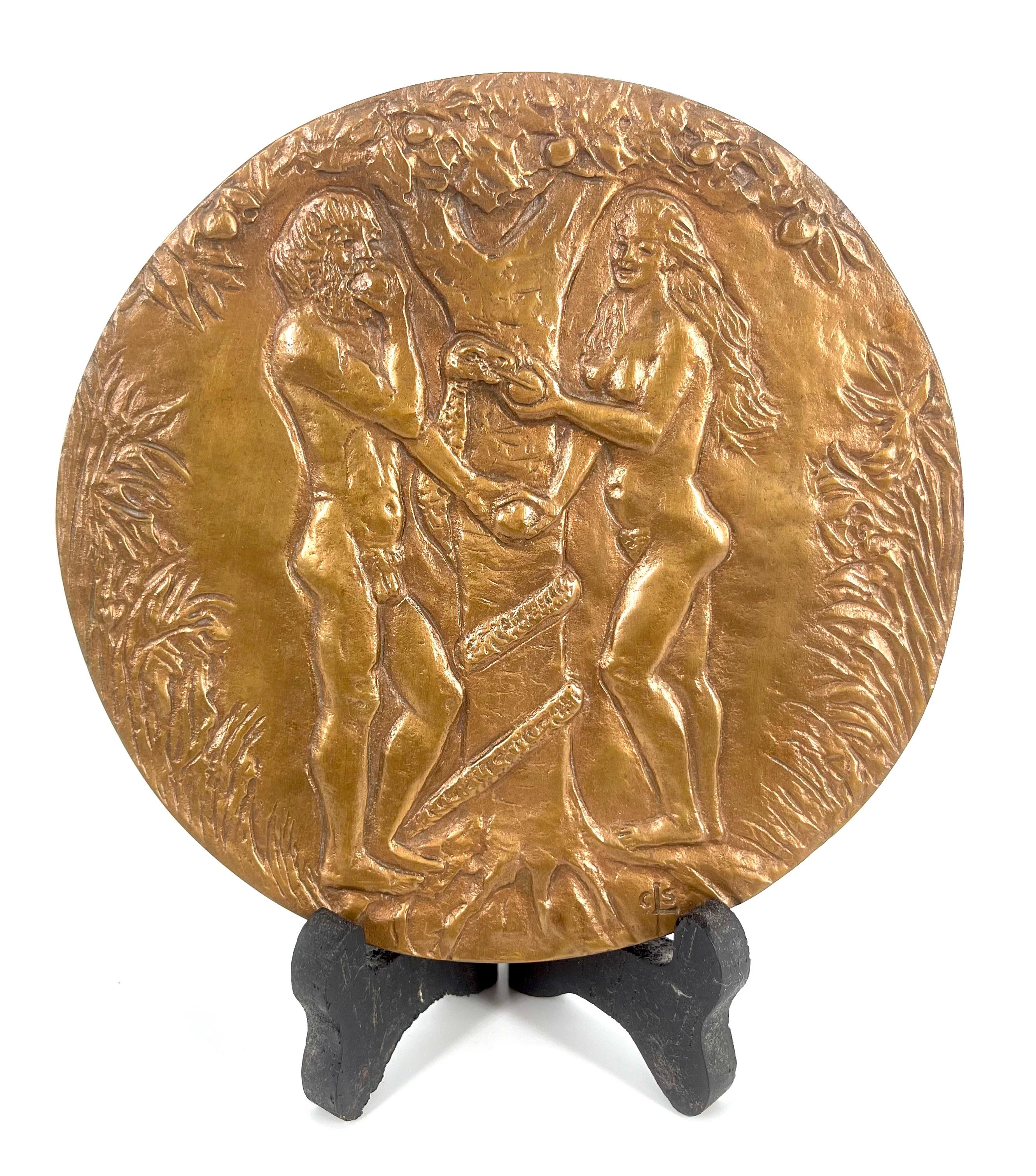 Carved Adam and Eve's Eden Bronze Plaque by Hungarian Artist Lajos Cseri, 1970