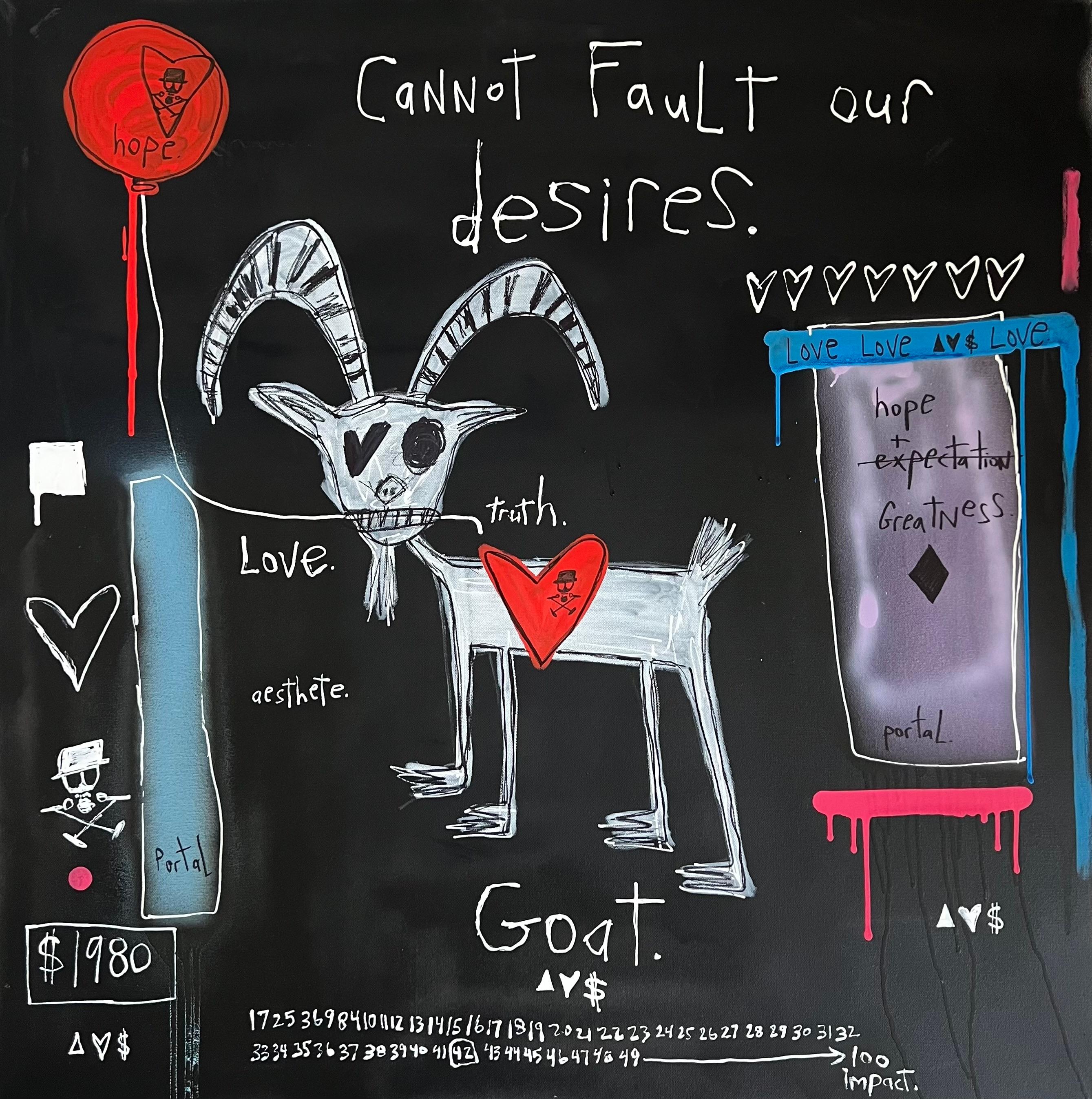 Abstract Painting di Adam Baranello - "Cannot Fault Our Desires" Quadro d'arte con animali di capra con testo