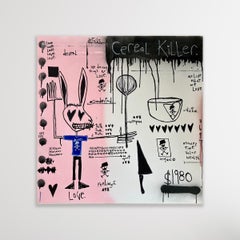 "Cereal Killer"- Figurative rabbit animal art painting with text