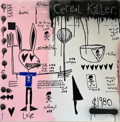 "Cereal Killer" - pittura figurativa di animali conigli con testo