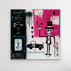 "Courage is Key" - Figurative mixed media painting with text and car