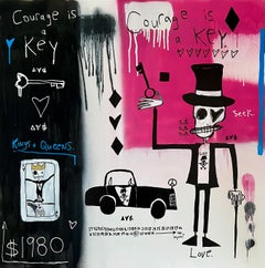 "Courage est Key" - peinture figurative en techniques mixtes avec texte et voiture
