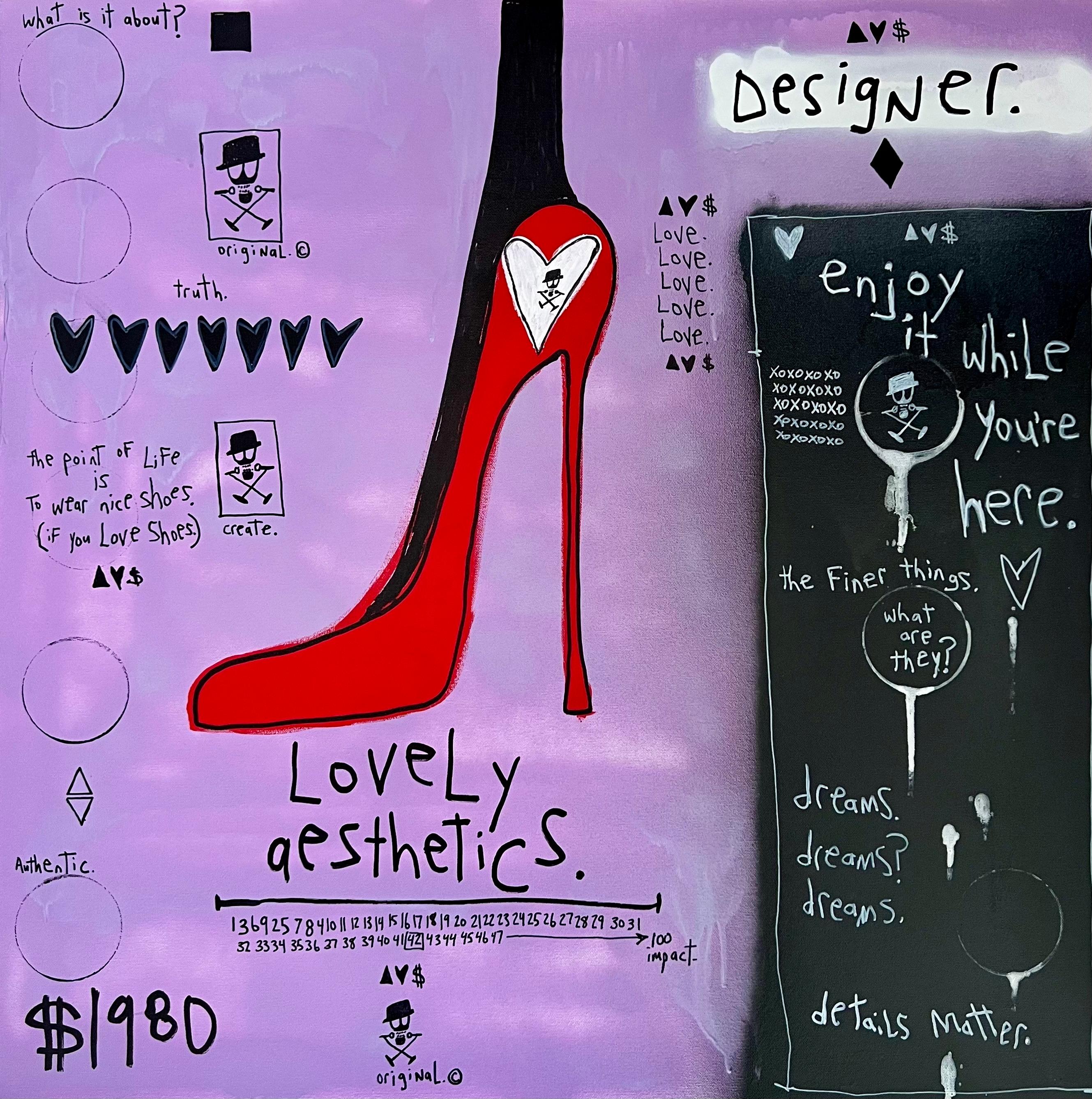 "Designer (Lovely Aesthetics)" - Pittura a tecnica mista con scarpa e testo