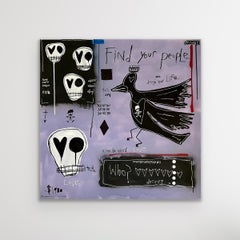 "Encuentra a tu gente" - Pintura en técnica mixta con pájaro y texto