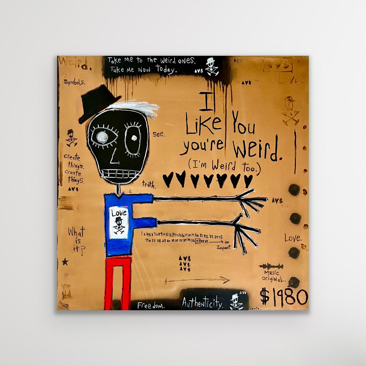 « I Like You, You're Weird » - peinture figurative en techniques mixtes avec texte - Painting de Adam Baranello