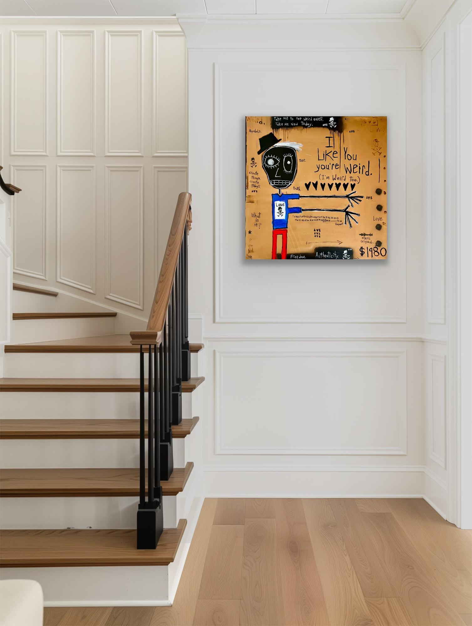 « I Like You, You're Weird » - peinture figurative en techniques mixtes avec texte - Contemporain Painting par Adam Baranello