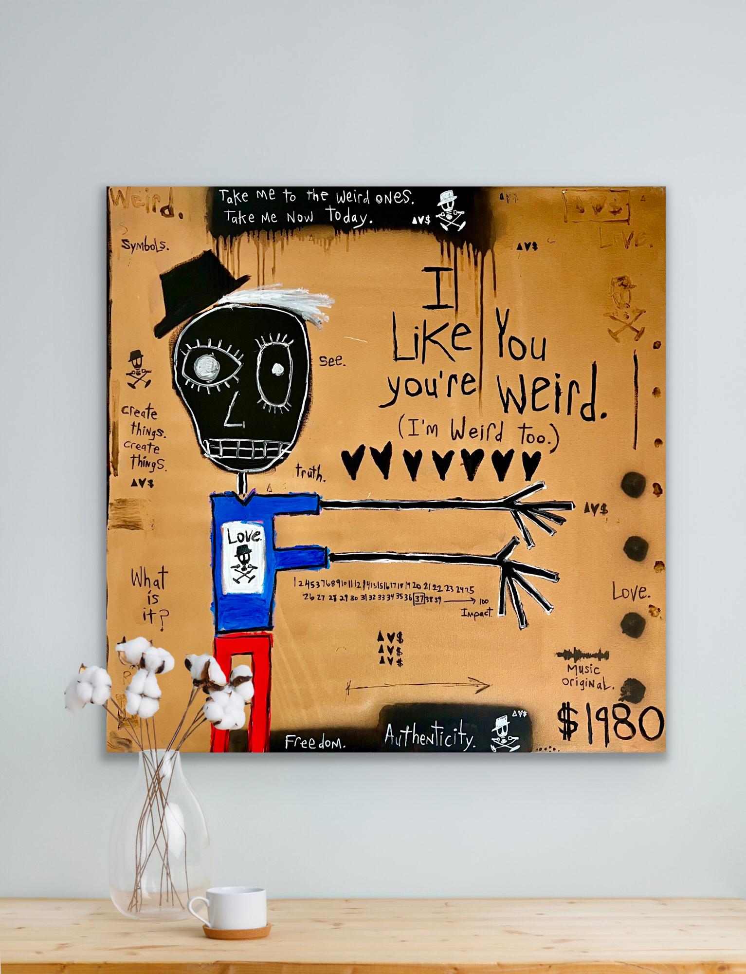 « I Like You, You're Weird » - peinture figurative en techniques mixtes avec texte - Marron Figurative Painting par Adam Baranello