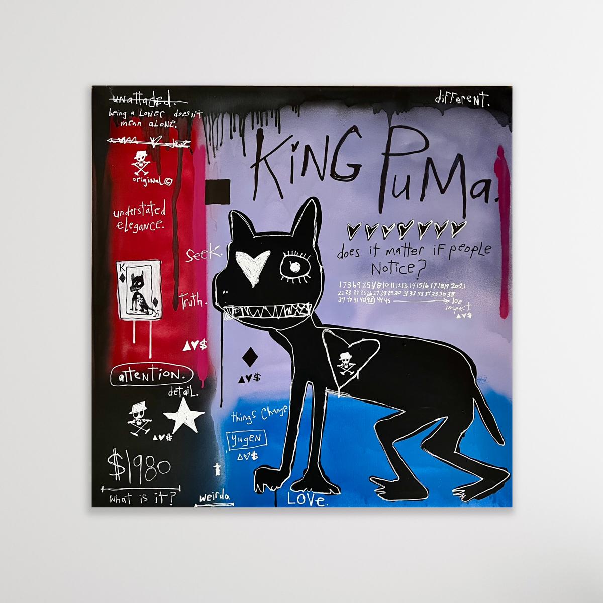 « King Puma » - peinture d'animaux en techniques mixtes avec texte - Painting de Adam Baranello