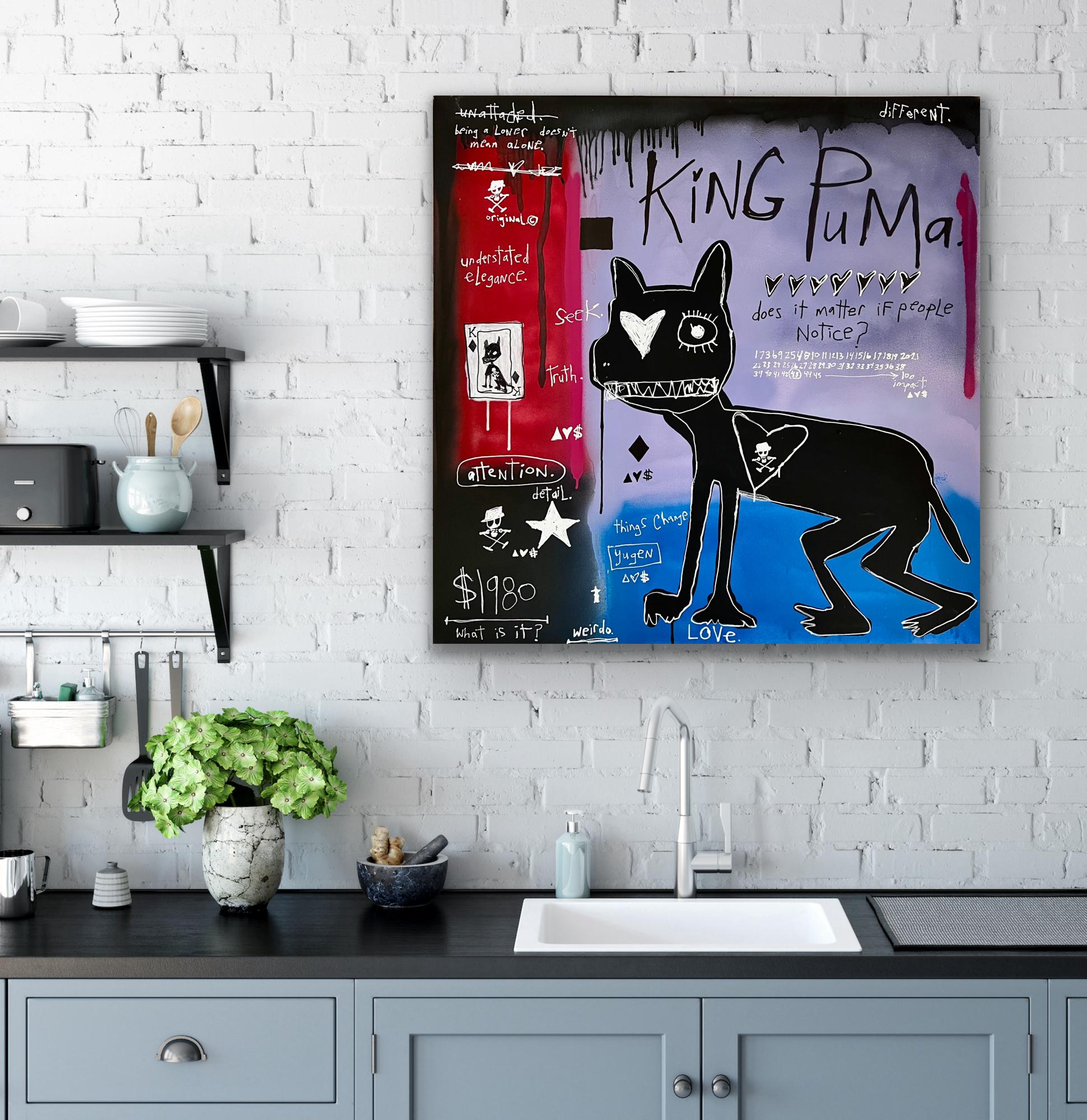 « King Puma » - peinture d'animaux en techniques mixtes avec texte - Contemporain Painting par Adam Baranello