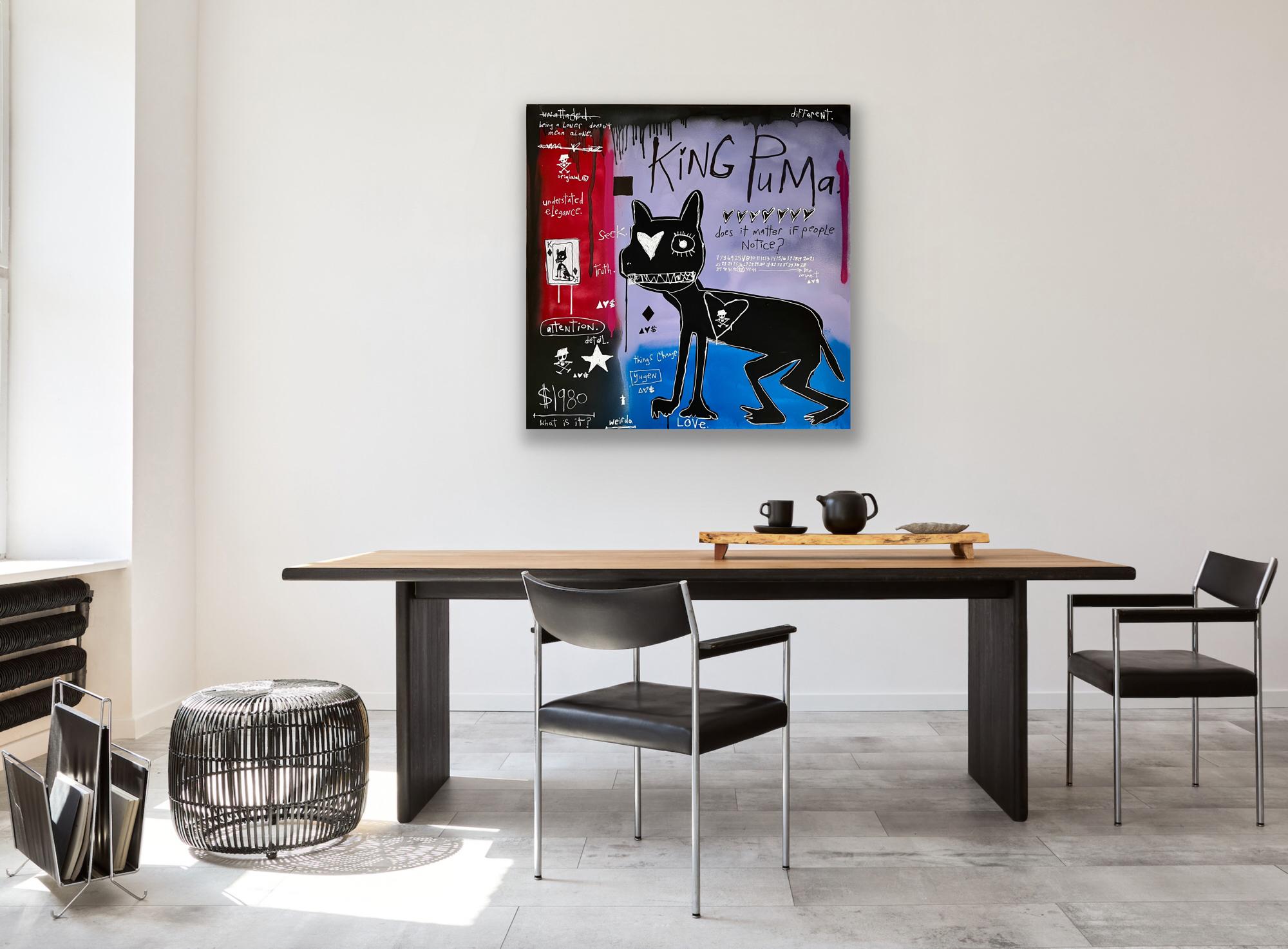 « King Puma » - peinture d'animaux en techniques mixtes avec texte - Noir Animal Painting par Adam Baranello