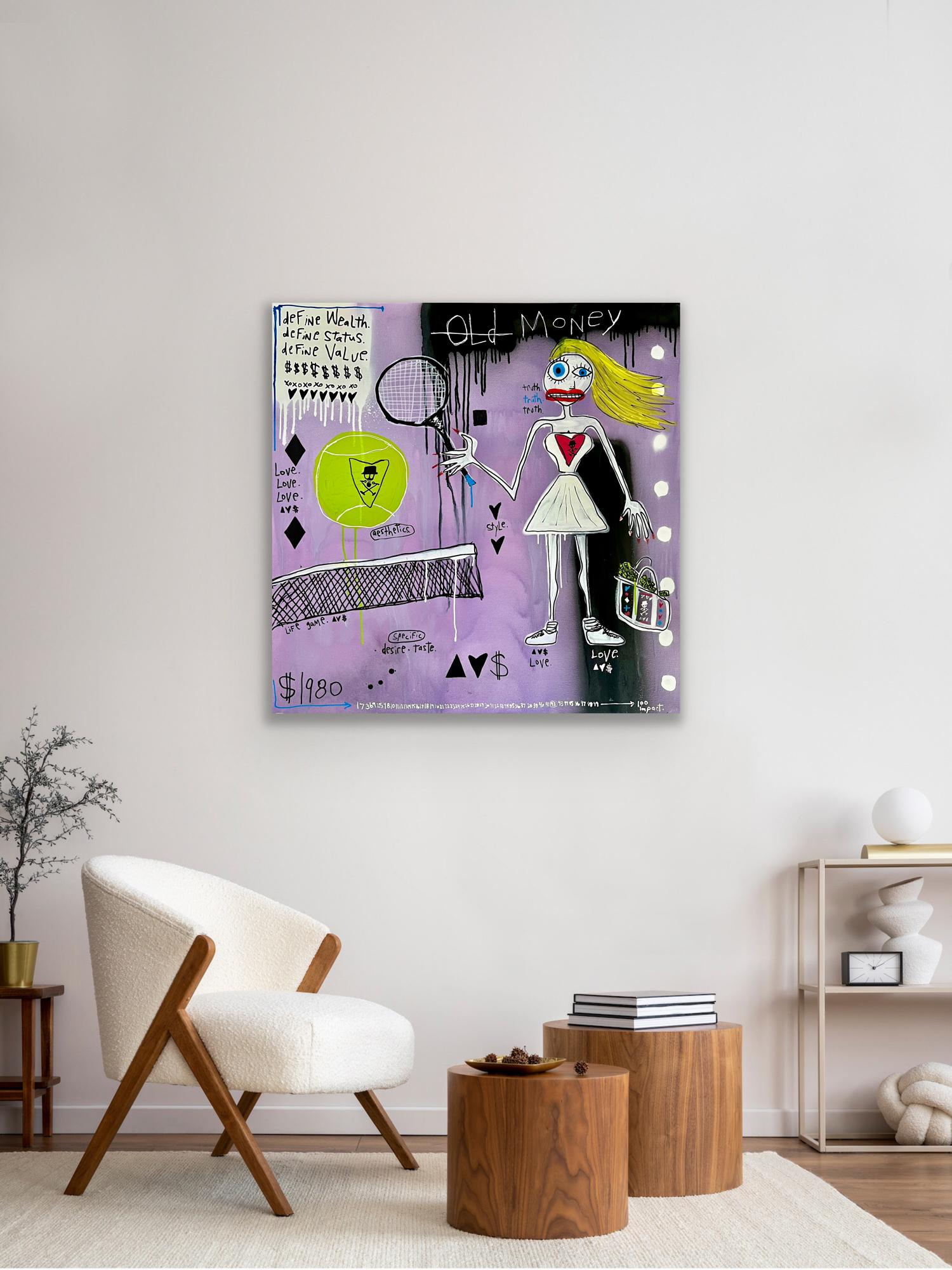 « Old Money » - peinture figurative de tennis multimédia avec texte - Contemporain Painting par Adam Baranello