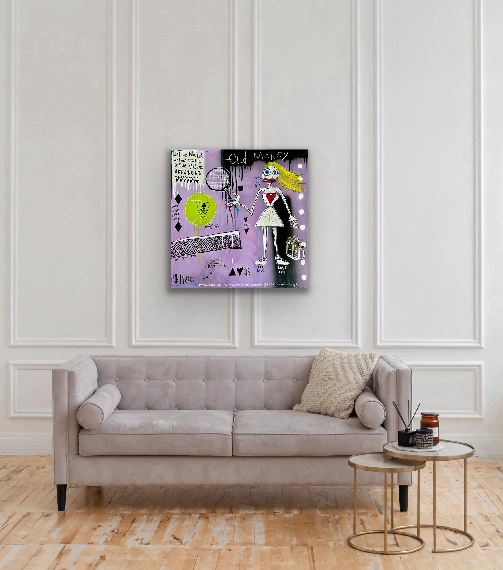 « Old Money » - peinture figurative de tennis multimédia avec texte - Gris Figurative Painting par Adam Baranello
