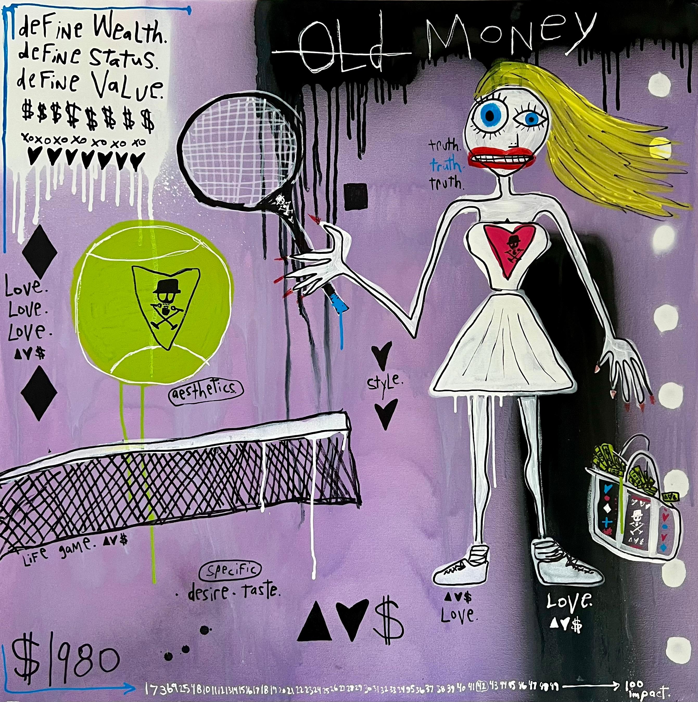 "Old Money" - Quadro figurativo di tennis a tecnica mista con testo