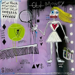 "Old Money" - Quadro figurativo di tennis a tecnica mista con testo