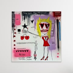 „Star Girl“ – figuratives weibliches Gemälde in Mischtechnik mit Text