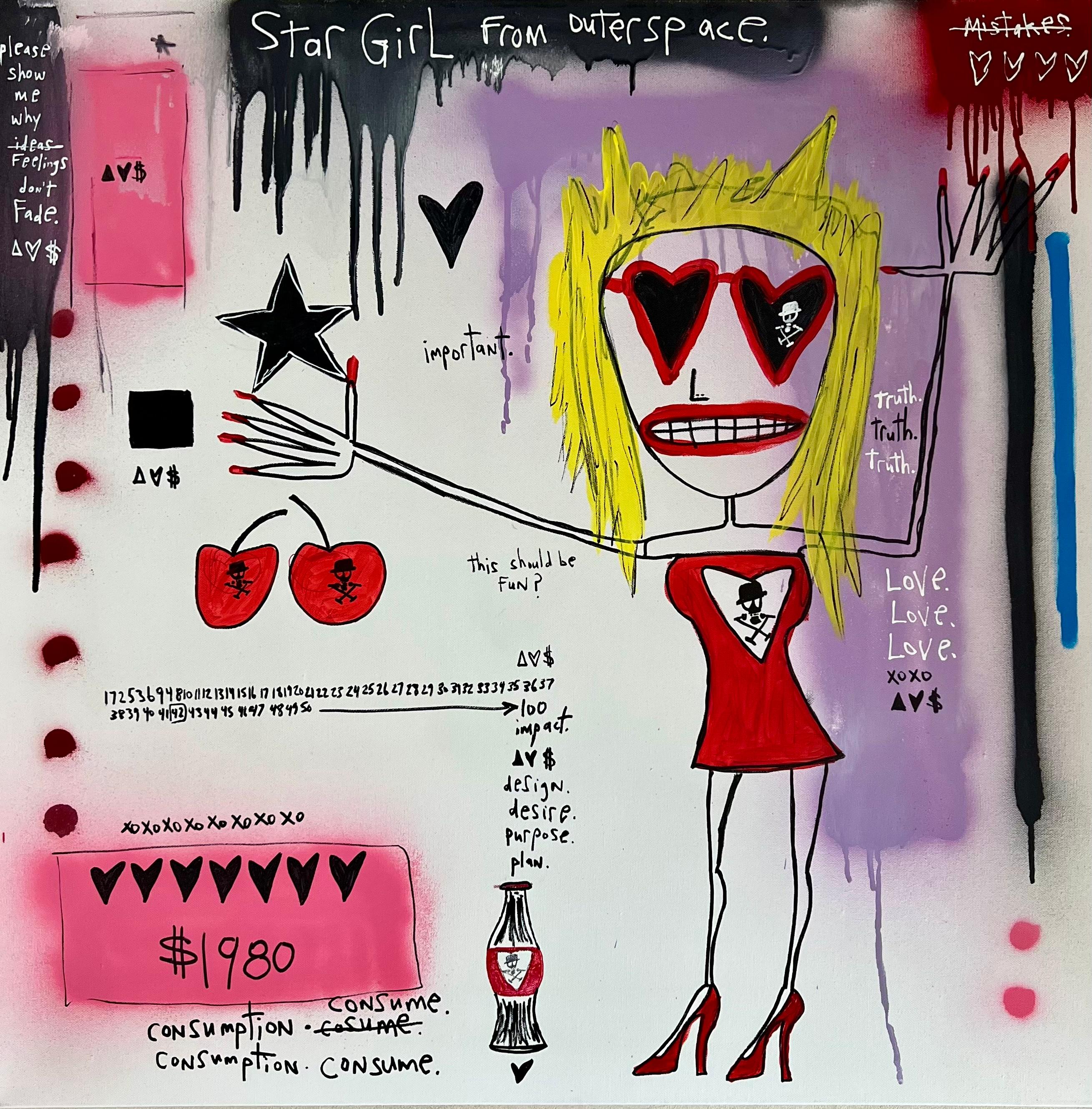 "Star Girl" - Pintura figurativa femenina en técnica mixta con texto