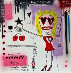 "Star Girl" - Pintura figurativa femenina en técnica mixta con texto