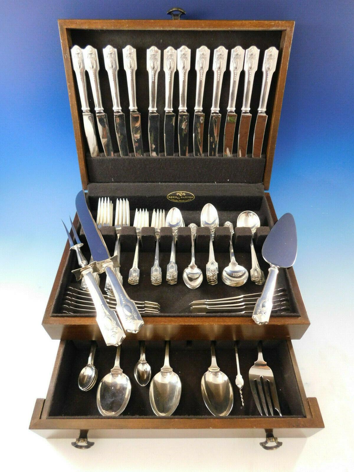 Rare dinner size Adam by Shreve & Co. sterling silver flatware set - 104 pieces. This pattern was introduced in the year 1909 and features an urn overflowing with flowers and swags with a central medallion. This set includes:

12 dinner size