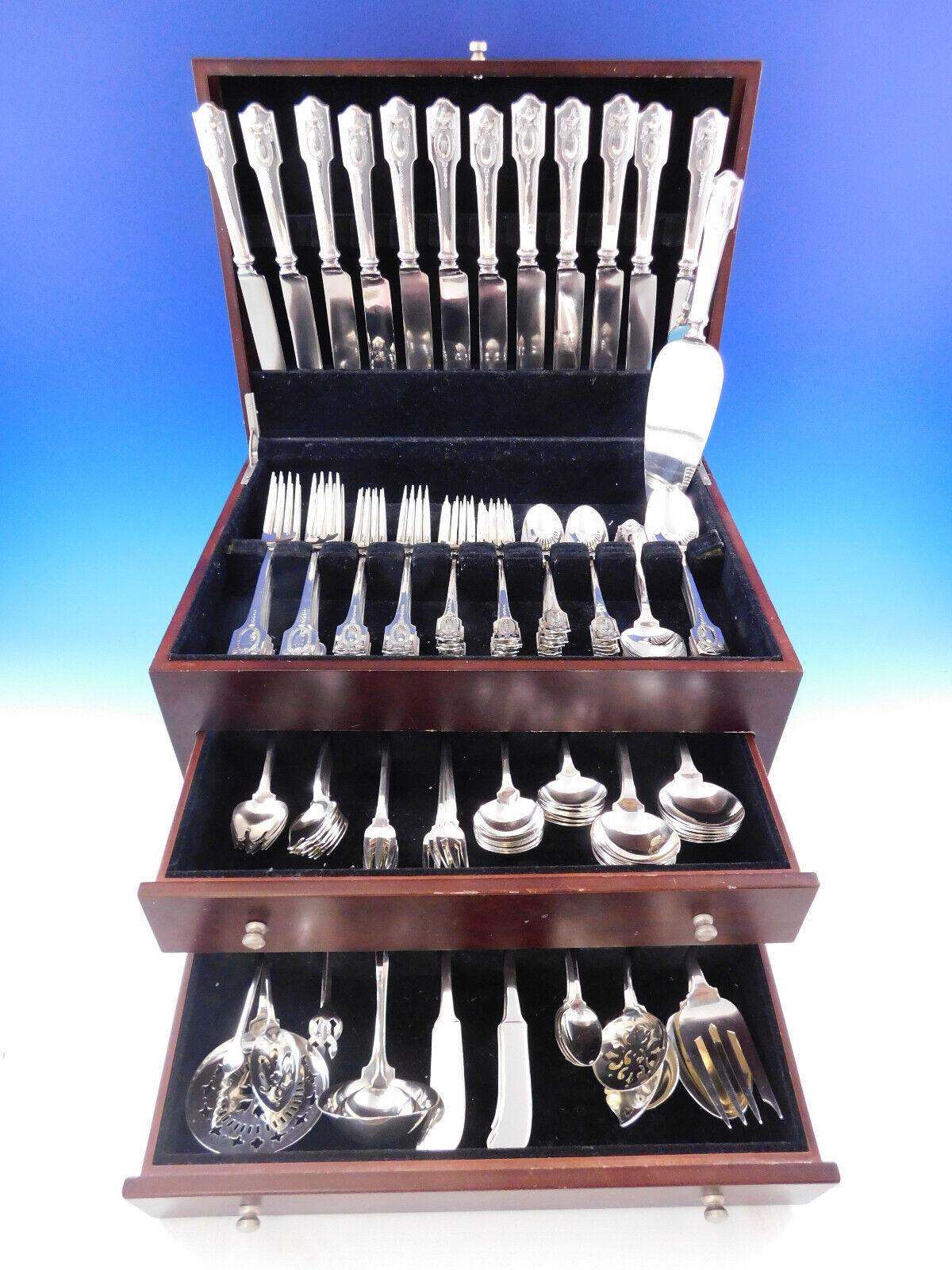 Rare monumental dinner size Adam by Shreve sterling silver Flatware set - 156 pieces. This pattern was introduced in the year 1909. This set includes:

12 Dinner knives, 9 3/4