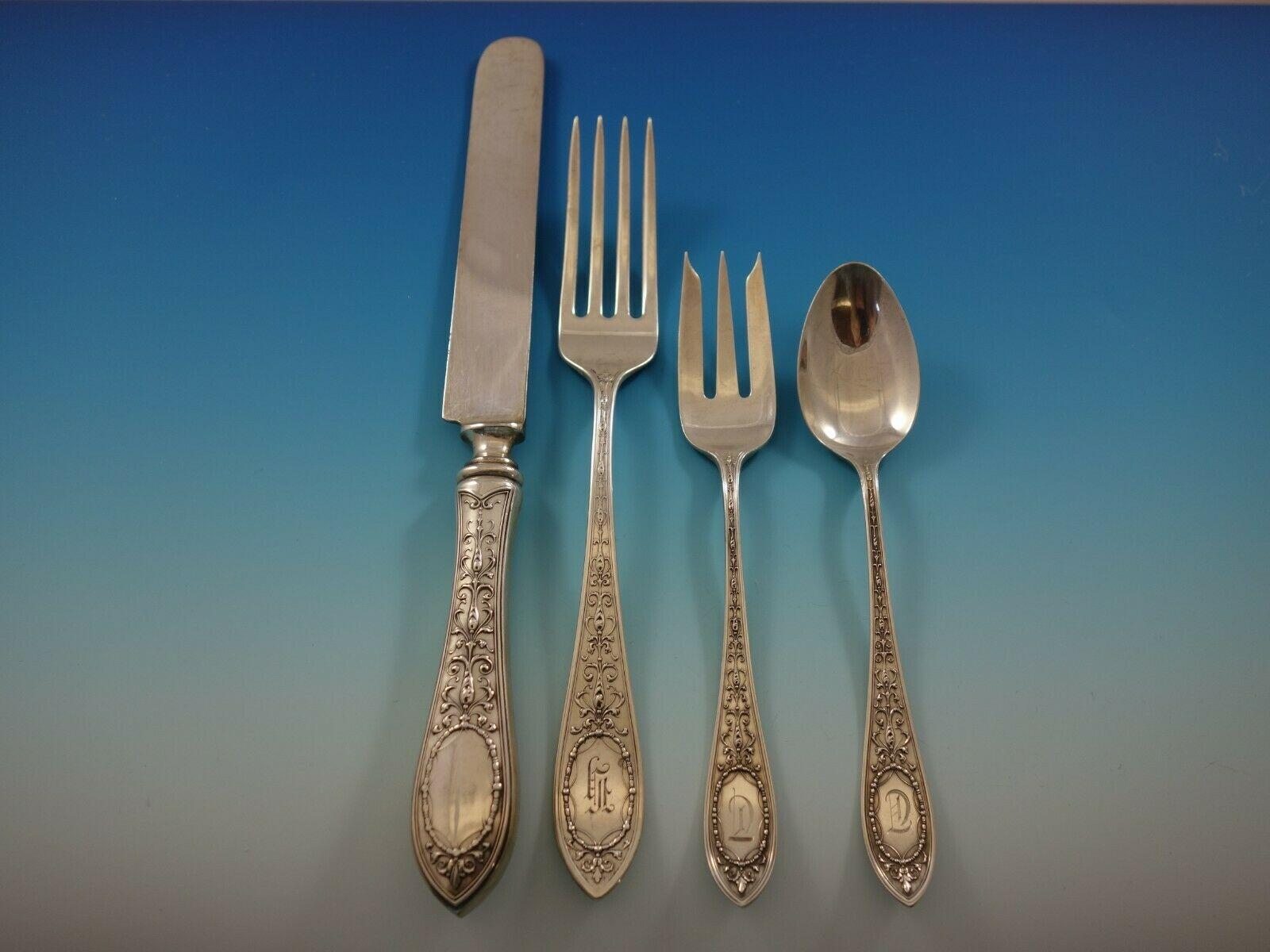 Lovely Adam by Whiting sterling silver flatware set - 72 pieces. This set includes:

12 dinner size knives, blunt silver plated blades, 10