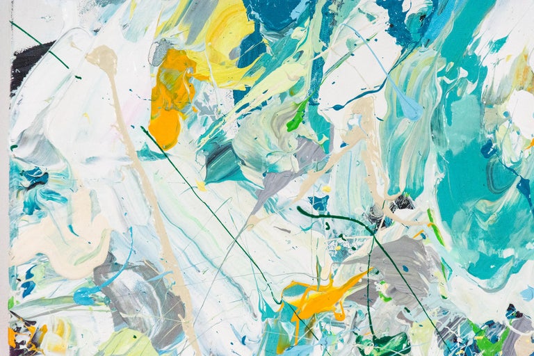 Swirling passages and drips of teal, gold and white coalesce at a central point in this action painting by Adam Cohen. Cohen intersects the language of heroic Abstract Expressionism with narrative to re-invent the experience of action painting in a