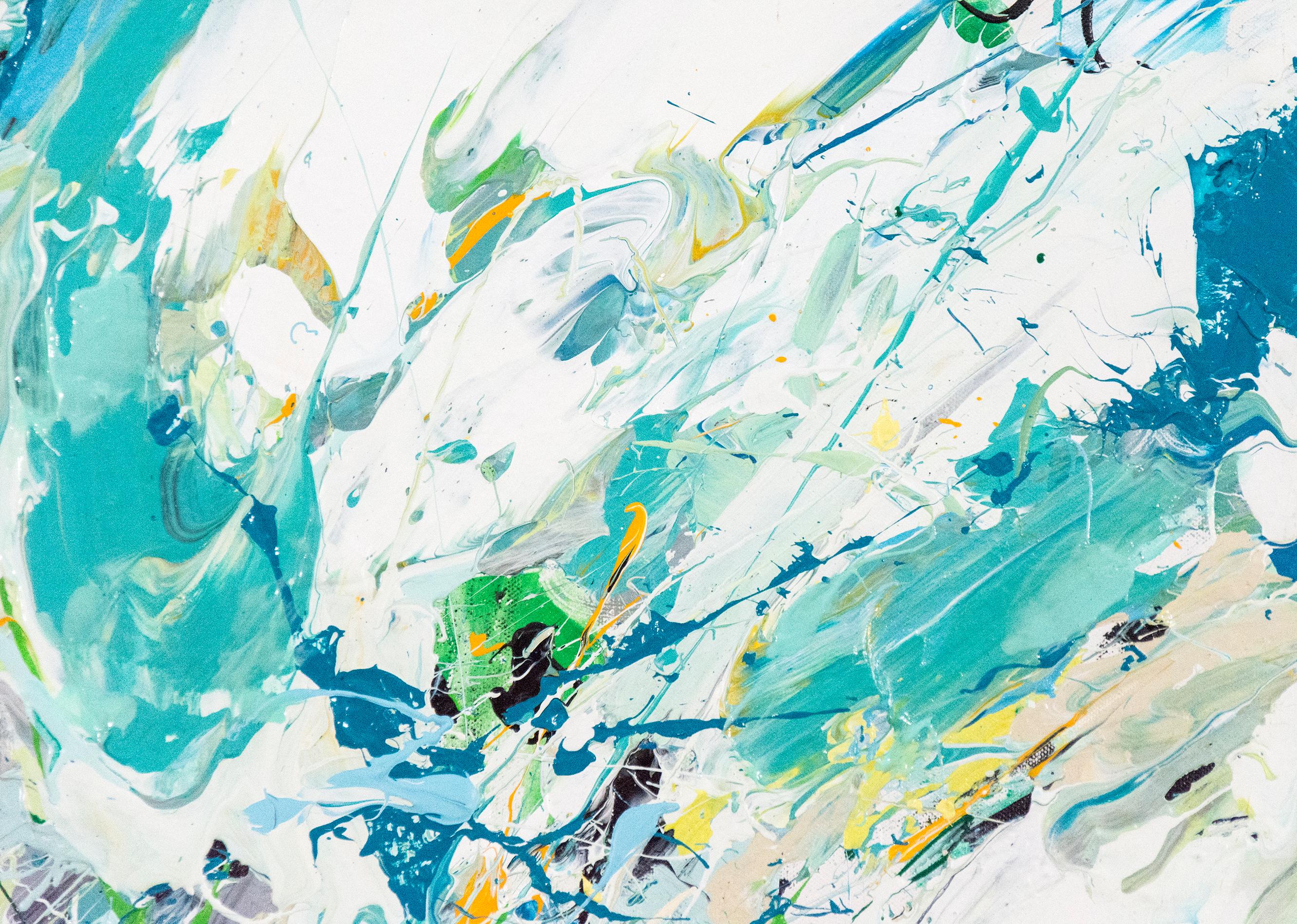 Swirling passages and drips of teal, gold and white coalesce at a central point in this action painting by Adam Cohen. Cohen intersects the language of heroic Abstract Expressionism with narrative to re-invent the experience of action painting in a