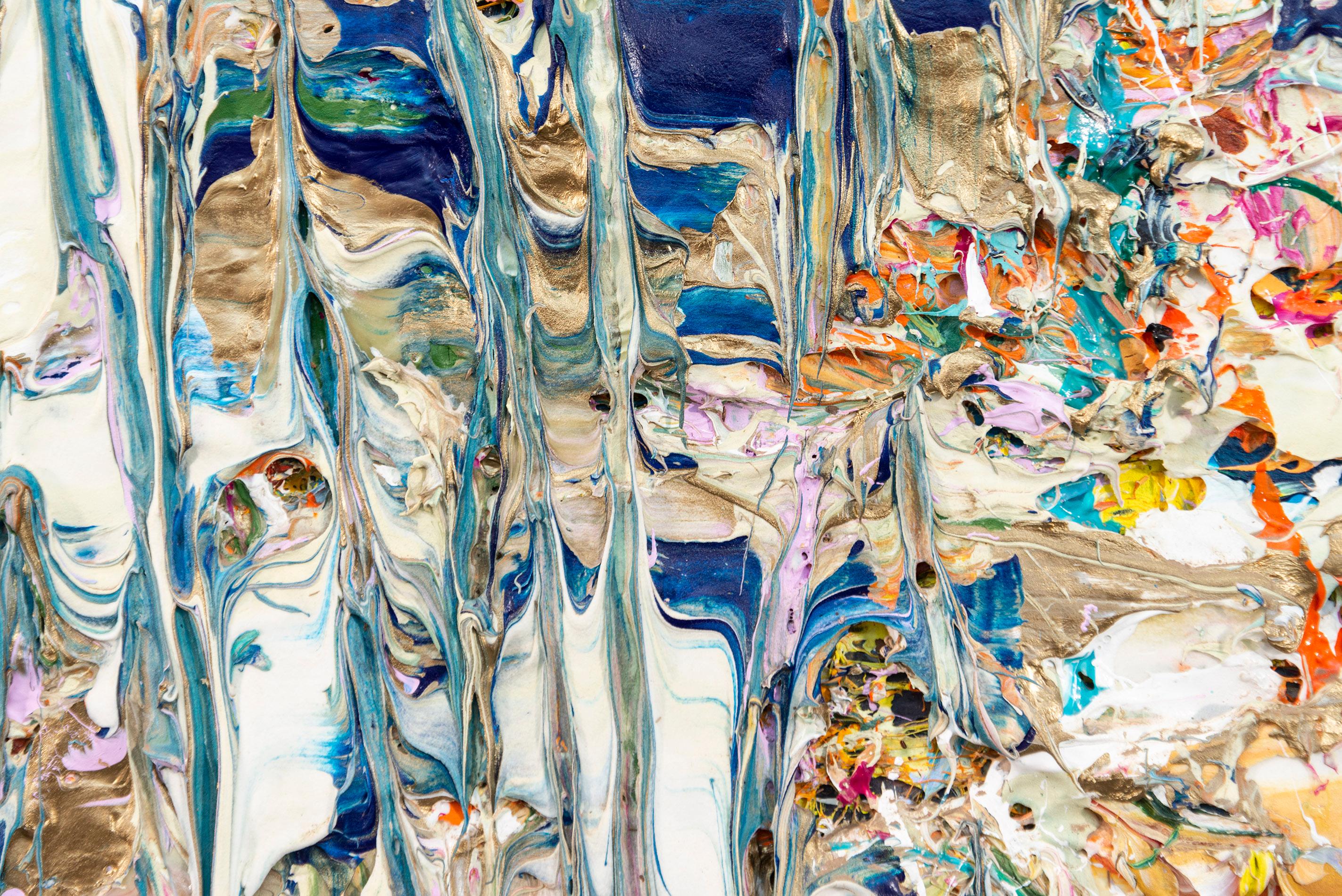 A glorious riot of colour—golden hues, turquoise, orange, deep blue, yellow and hot pink swirl around the canvas in this new work by American abstract artist, Adam Cohen. Cohen’s acrylic paintings are so rich in texture and colour that they possess