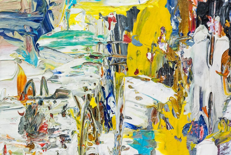 Passages and swipes of lemon yellow, silver, white and sapphire blue jostle for space in this dynamic acrylic by Adam Cohen. Cohen intersects the language of heroic Abstract Expressionism with narrative to re-invent the experience of action painting