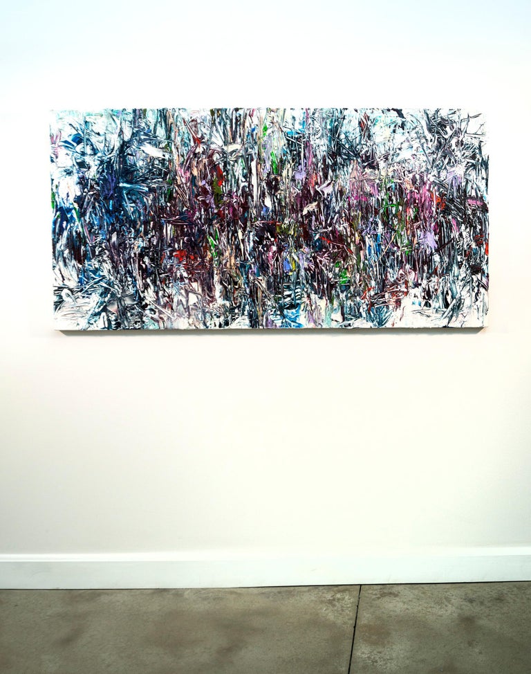 American artist Adam Cohen’s lush abstract work is characterized by his masterful use of colour and his grand gestural style. With Strike, he has applied thick short brush strokes of purple, lime green, burgundy, orange, and sky blue that pop