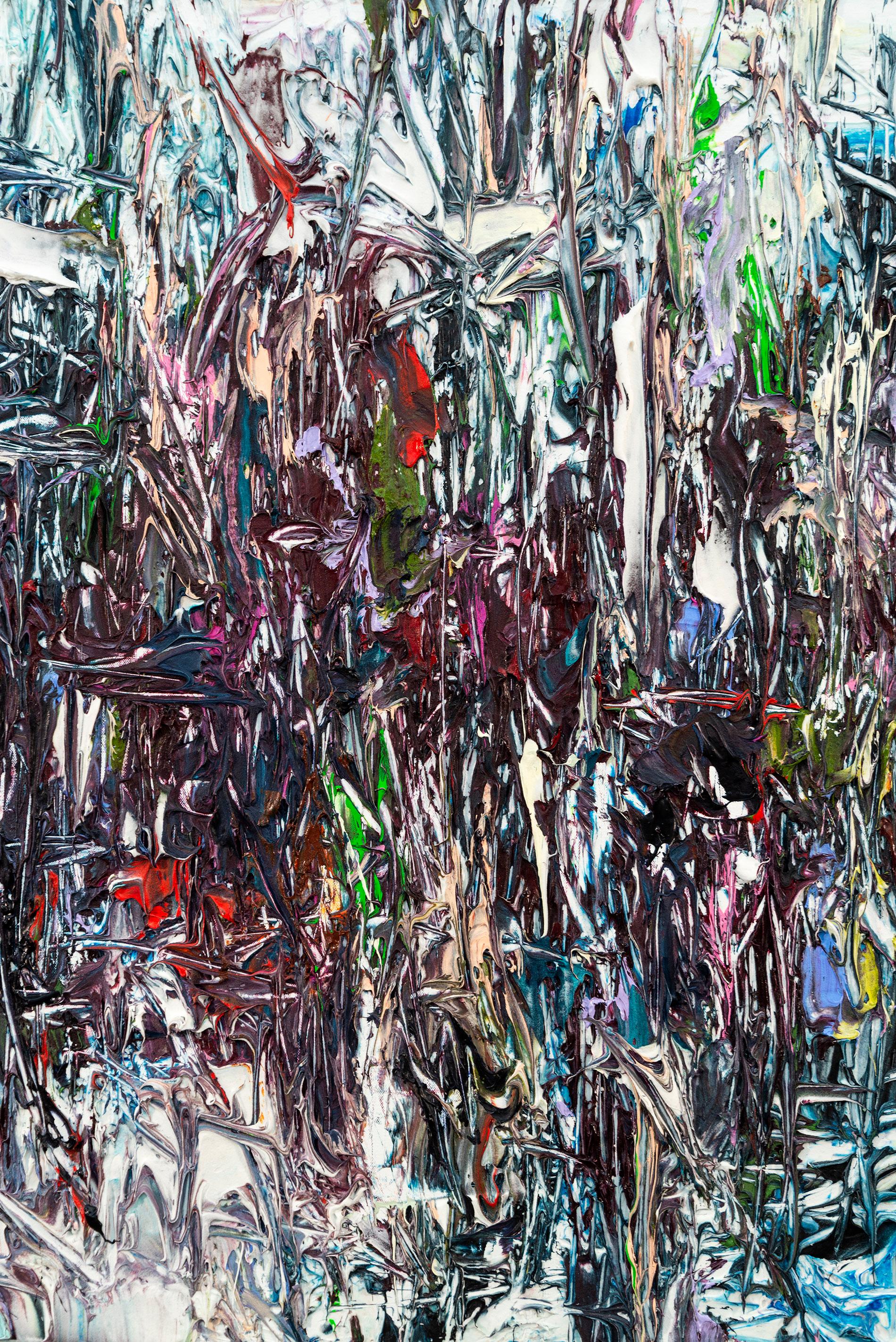American artist Adam Cohen’s lush abstract work is characterized by his masterful use of colour and his grand gestural style. With Strike, he has applied thick short brush strokes of purple, lime green, burgundy, orange, and sky blue that pop